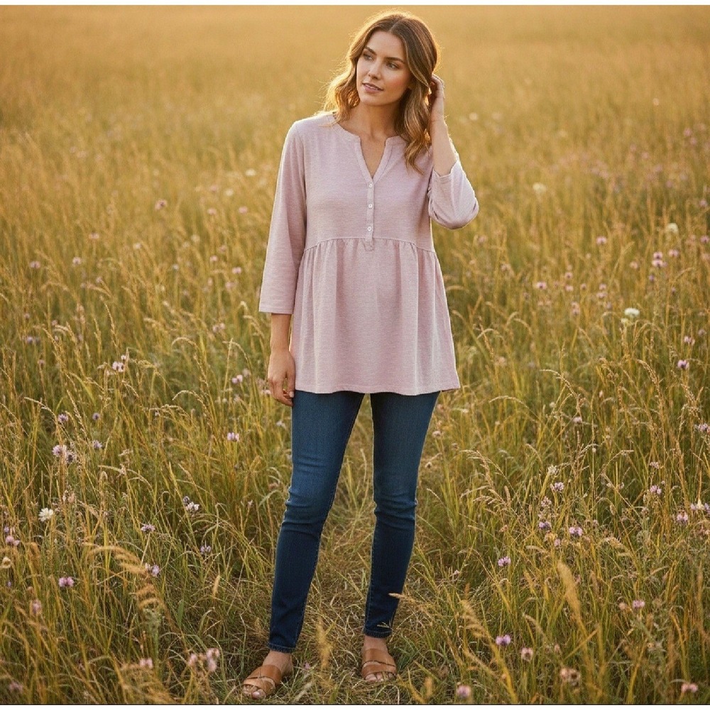 Eddie Bauer Babydoll Peplum 3/4 Sleeve Button Top Womens Large Pink Cotton Slub